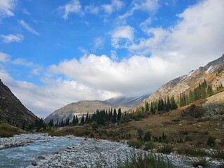 mountain landscape with lake In ala Archa National Park Kyrgyzstan 