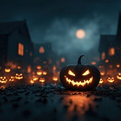 Fototapeta premium Halloween horror background with scary pumpkin, flying bats, misty moonlight and dead branches, copy space for text, perfect for poster and social media design