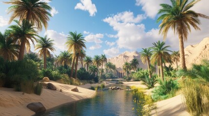 Oasis landscape bathed in sunlight. Lush palm trees line a tranquil stream flowing through a desert valley