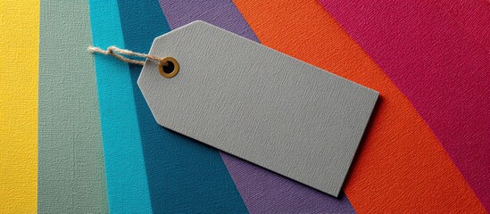 Gray tag on bright rainbow-striped background