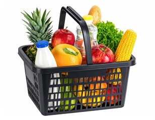 A black plastic shopping basket overflowing with fresh produce, including pineapple, apples, oranges, lettuce, corn, a baguette, and milk