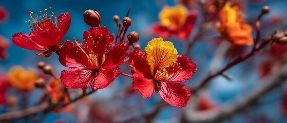 Beautiful tree with vibrant red flowers creating a colorful display in a lush spring landscape