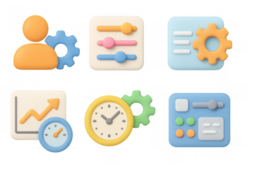 Colorful 3d icons of settings, charts, and clocks for digital interfaces