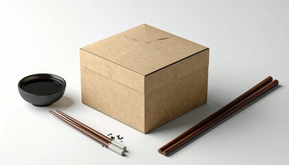 Square cardboard takeout box, dark soy sauce bowl, and two sets of chopsticks on white background