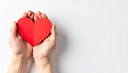 Obraz premium Flatlay Hands Gently Hold Red Paper Heart