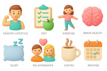 Healthy living icons: diet, exercise, brain health, and more in 3d design style