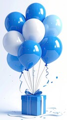 A cluster of glossy blue and white balloons, tied to a light blue gift box with a white ribbon, sits on a white surface with scattered confetti