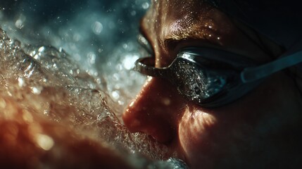 Focused woman swimmer in goggle training with determination in pool