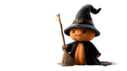Halloween pumpkin wearing a tall witch hat, holding a glowing broomstick, isolated on white background