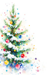 Painted Christmas Tree with Snow and Colorful Baubles – Bright Watercolor Holiday Artwork.