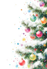 Watercolor Christmas Tree Edge with Snowy Branches and Colorful Baubles – Minimal Festive Accent