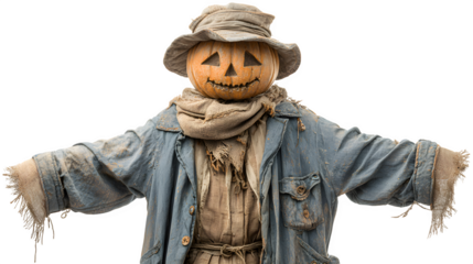 Halloween scarecrow prop with jack-o-lantern head, isolated on white background