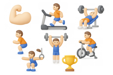 Cute cartoon gym workout activities with dumbbells and cardio equipment