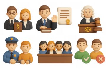 Legal and judicial process in 3d clay style: courtroom, jury, judge, and law icons