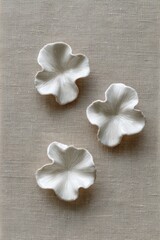 Three off-white, textured flower petals on a light beige background