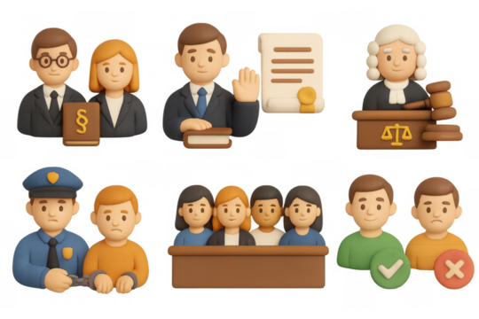 Legal and judicial process in 3d clay style: courtroom, jury, judge, and law icons