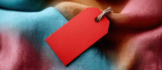 Red tag attached to draped colorful fabric with soft, diffused lighting