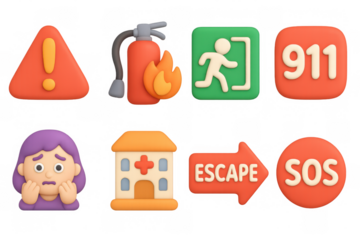 Emergency and safety icons in clay style featuring fire safety and sos signals