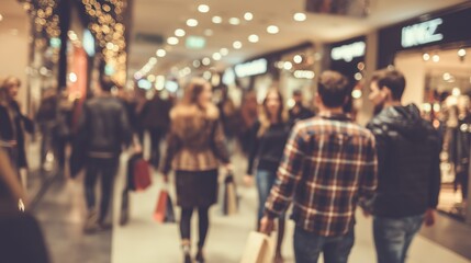 Blurred crowded shopping mall with people walking, browsing stores, and shopping