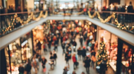 Blurred crowded shopping mall decorated with Christmas lights, bustling with shoppers during the holiday season