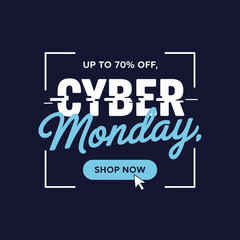 Cyber Monday discount design, up to 70% off, shop now button, cursor pointer, minimal dark background, vector layout