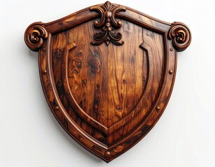 Ornate, dark-brown wooden shield;  classic design, carved details, metallic accents, blank surface