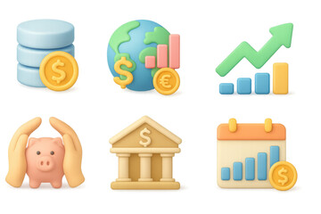 Stylized financial icons featuring 3d charts and growth symbols