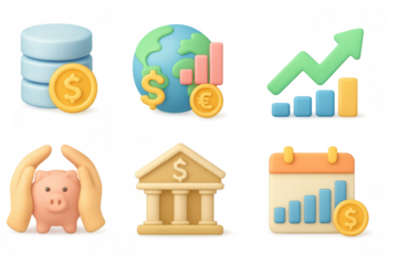 Stylized financial icons featuring 3d charts and growth symbols