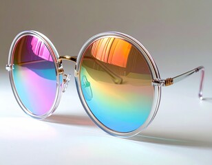Large, round, translucent sunglasses with a gold frame and iridescent, rainbow-reflective lenses, displayed on a white surface