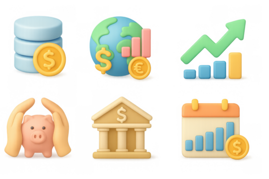Stylized financial icons featuring 3d charts and growth symbols