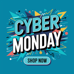 Cyber Monday bold lettering, three dimensional effect, burst rays backdrop, shop now callout, energetic sale advertisement, vector