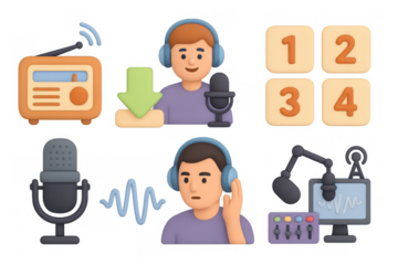 Colorful podcast and radio broadcasting elements in modern 3d design