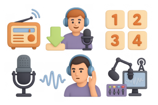 Colorful podcast and radio broadcasting elements in modern 3d design