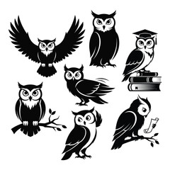 Collection of stylized owl silhouettes in various poses symbolizing wisdom and education silhouette