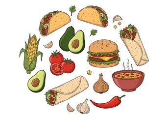 A vibrant circular arrangement of popular mexican food items, including tacos, burritos, burgers, corn, avocados, tomatoes, chili peppers, garlic, and a bowl of soup, set against a plain background