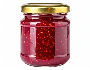 A glass jar filled with vibrant red raspberry jam, sealed with a gold-toned lid, sits against a stark white background