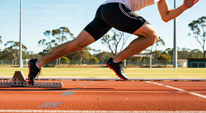 Runner taking off from starting blocks on track