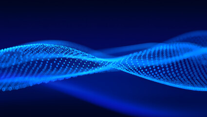 Abstract blue background with flowing DNA wave patterns and digital design elements
