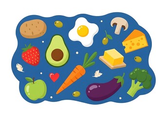 A vibrant collection of healthy food ingredients and items arranged on a blue, wavy background, featuring fruits, vegetables, eggs, cheese, and butter