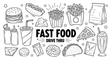 A black and white handdrawn illustration of various fast food items and drivethru elements, including burgers, hot dogs, fries, pizza, tacos, and drinks, with decorative stars and lines