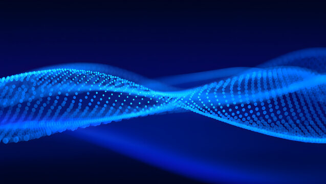 Abstract blue background with flowing DNA wave patterns and digital design elements