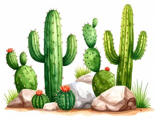 A vibrant illustration of various cacti species, small flowering cacti, and rocks, set against a stark white background