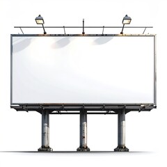 Large blank billboard with three rusted supports, two lights atop, isolated on white