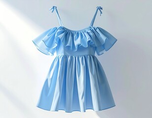 Light blue off-shoulder mini dress with ruffled details and thin straps, hanging against a white background