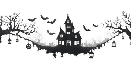 Halloween banner with haunted house silhouette and bats, isolated on white background