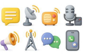 3d communication icons: radio, microphone, satellite, speech bubbles, and phone
