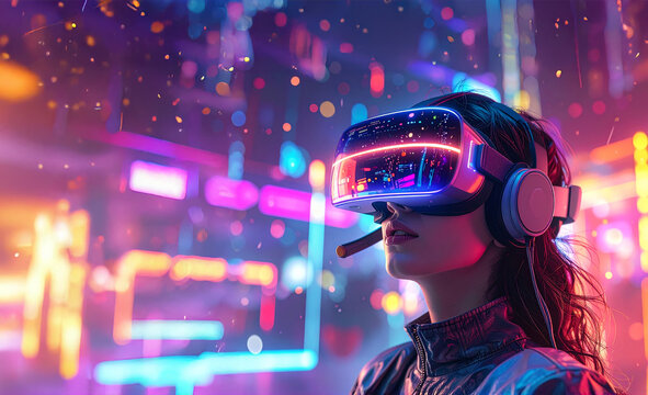 A dynamic, eye-level shot of a person wearing a futuristic virtual reality headset. The scene is a cyberpunk metropolis at night, with a bokeh background of vibrant, colorful neon lights and digital i