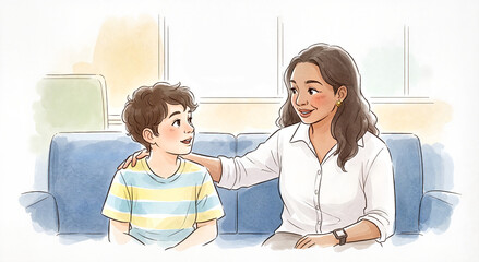 Woman talking and smiling with young boy on couch in living room  