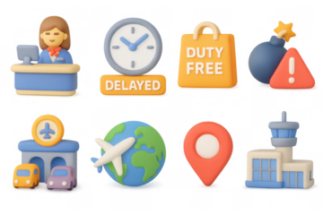 Stylized travel and airport icon set with unique 3d clay design elements