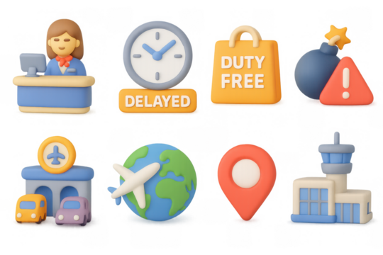 Stylized travel and airport icon set with unique 3d clay design elements - Powered by Adobe